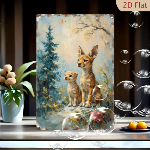 Vintage Painterly 8x12 Inch Metal Wall Art Featuring Two Adorable Foxes on Rocky Outcrop with Berries and Coniferous Tree, Serene Autumn Woodland Scene for Home Decor