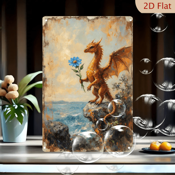 Vintage Painterly Dragon Art 8x12inches Metal Wall Decor, Orange-Brown Fantasy Creature Holding Blue Flower on Mossy Rock, Serene Seascape Sunset Background, Storybook Style Tin Sign for Home Office