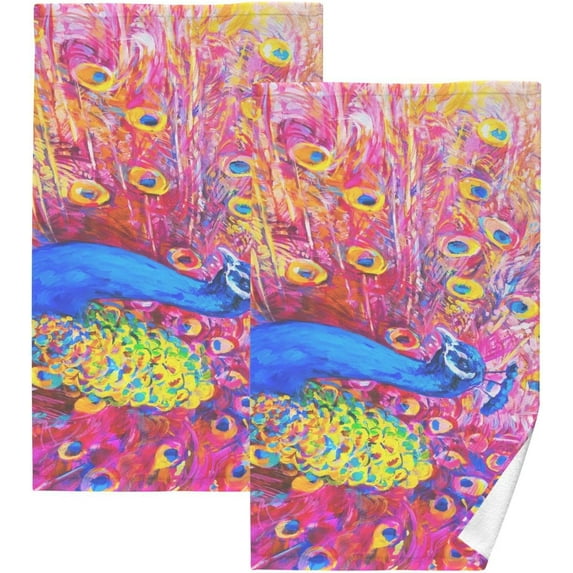 Vintage Painting Peacock Bath Hand Towel Soft Cotton Highly Absorbent Fingertip Towels for Bathroom Beach Kitchen Sports Gym Yoga Travel (2-Pieces Towel Sets, 28x16 inch)