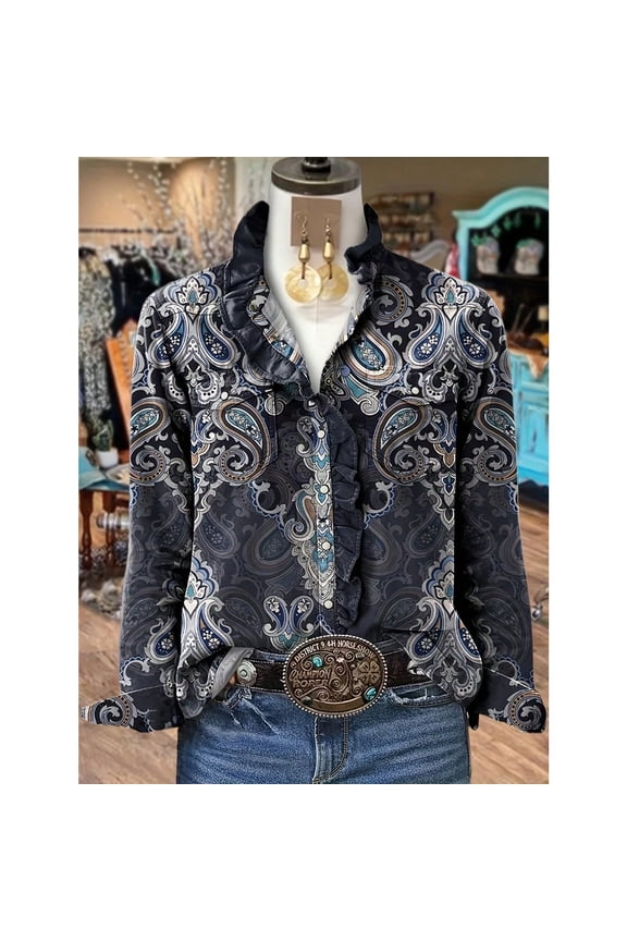 [Vintage Paisley Blouse] Vintage Paisley Print Women's Ruffle Collar Blouse | Long Sleeve Button-Up Shirt With Decorative Belt, Blue & White Floral Pattern, Perfect For Fall/Winter