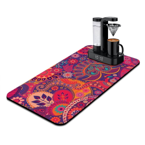 Vintage Paisley Coffee Maker Mat - 4-Layer Absorbent Coffee Bar Mat for Countertops, Non-Slip Kitchen Mat with Bohemian Design, 18x24 Inch