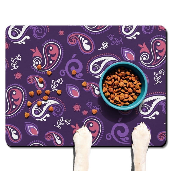 Vintage Paisley Dog Feeding Mat - Waterproof Non-Slip Pet Placemat, Absorbent Foam Core, Boho Floral Pattern