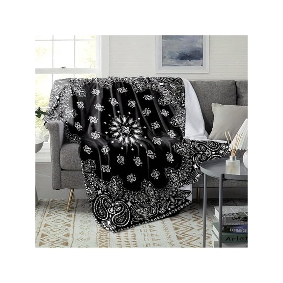Vintage Paisley Flannel Blanket, Soft Black White Mandala Throw for Sofa, Bed, Travel, Camping, All-Season Gift for Birthday, , Wedding, Valentine's, Home & Outdoor Decor