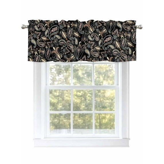 Vintage Paisley Floral Valances for Windows, Rod Pocket Kitchen Valance Curtains - Soft & Washable Small Window Treatment for Living Room, Bathroom, Black, 54x18inch