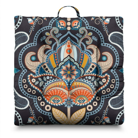 Vintage Paisley Meditation Cushion for Adults - Thick Square Floor Pillow with Boho Ethnic Design, 4.7" Supportive Tatami Mat Seat Pad