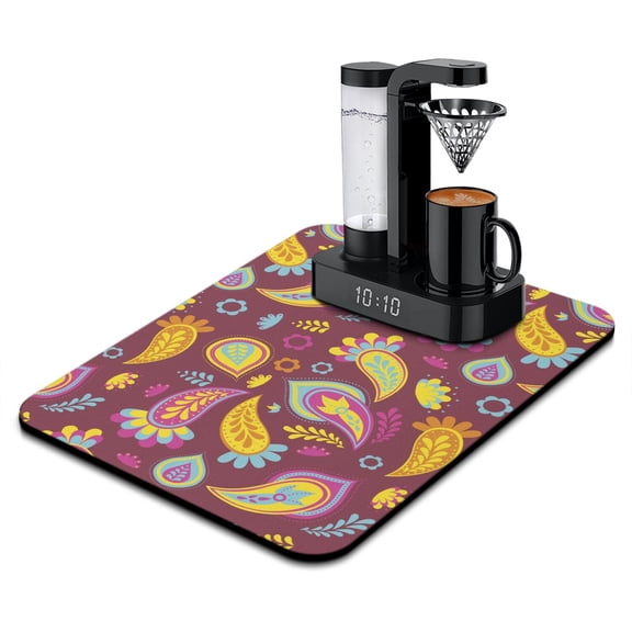 Vintage Paisley Pattern Dish Drying Mat, Exotic Mandala Inspired Absorbent Coffee Bar Mat, Colorful Vibrant Kitchen Counter Protector