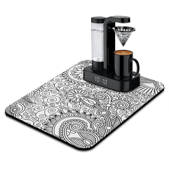 Vintage Paisley Pattern Dish Drying Mat, Mandala Inspired Absorbent Coffee Bar Mat, Floral Elegant Kitchen Counter Protector