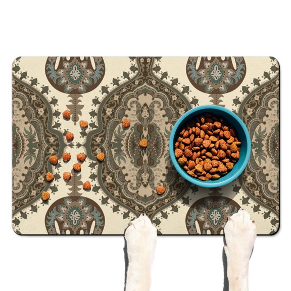 Vintage Paisley Pattern Dog Feeding Mat - Non-Slip Pet Food Mat with Abstract Art, Large Size for Messy Eaters