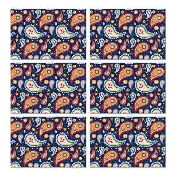 Vintage Paisley Placemats Set of 6, Flax Heat Resistant Wrinkle Free Linen Table Mats Featuring Colorful Bohemian Floral and Artistic Mandala Designs