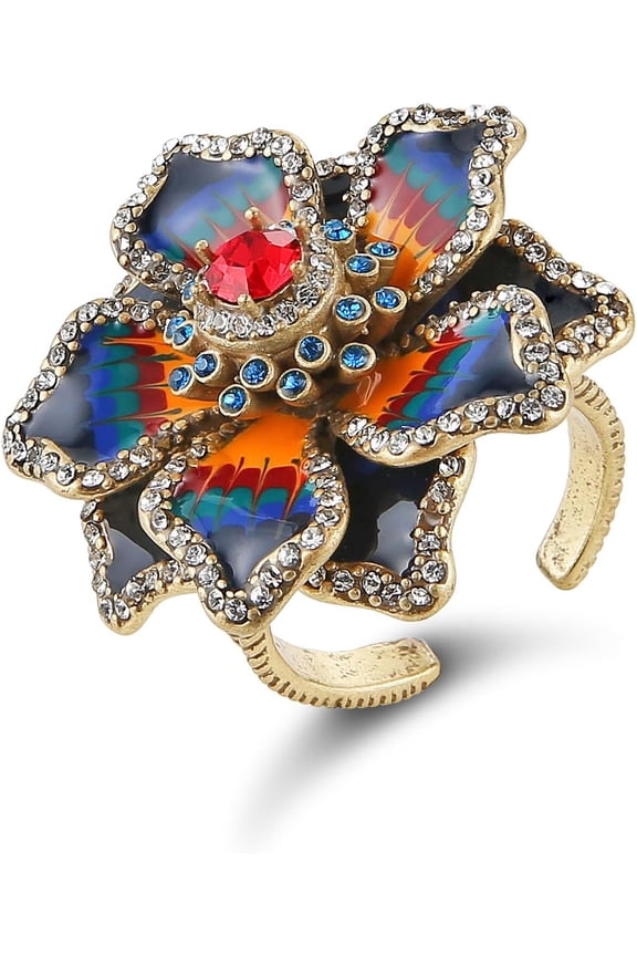 Vintage Palace Style Floral Open Ring, Adjustable Antique Brass Chunky Statement Ring with Enamel Art, Handmade Jewelry for Women