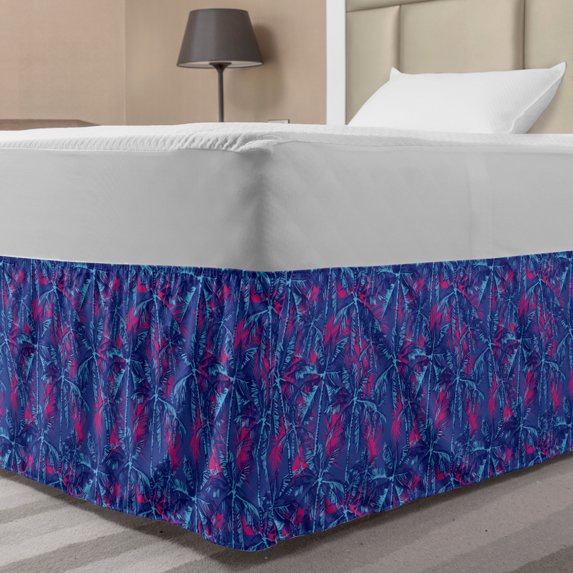 Vintage Palm Bed Skirt, Nature Pattern of Exotic Trees Island Foliage Layout Plantation, Elastic Bedskirt Dust Ruffle Wrap Around for Bedding Decor, 4 Sizes, Blue Hot Pink and Aqua, by Ambesonne