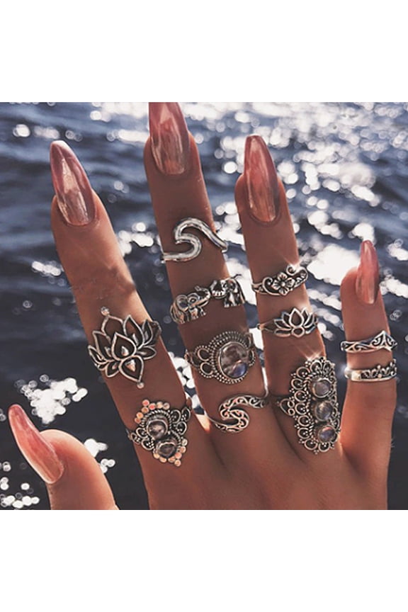 Womens Fashion Rings Set 11 Pieces Vintage Knuckle Ring Palm Crown Diamond Encrusted Lotus Wave Elephant Style