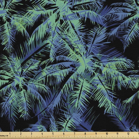 Vintage Palm Fabric by the Yard Upholstery, Illustration of Leaf Silhouettes on a Dark Tone Background, Decorative Fabric for DIY and Home Accents, 3 Yards, Shamrock Green Sea Blue by Ambesonne
