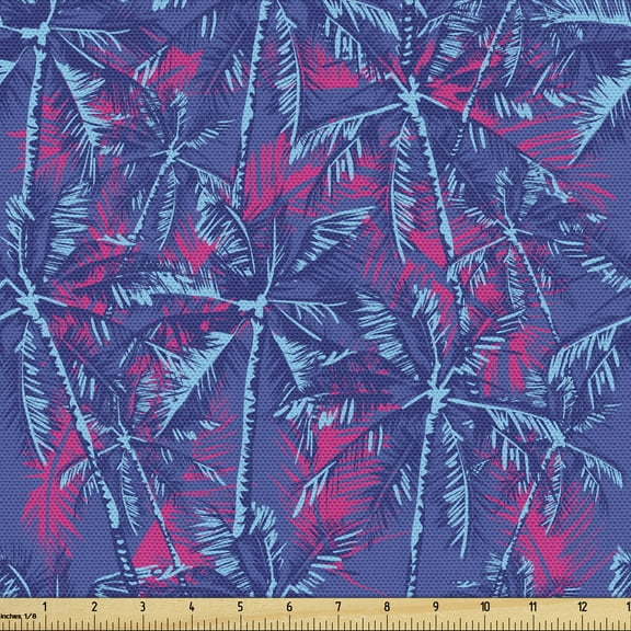 Vintage Palm Fabric by the Yard Upholstery, Nature Pattern of Exotic Trees Island Foliage Layout Plantation, Decorative Fabric for DIY and Home Accents, 1 Yard, Blue Hot Pink and Aqua by Ambesonne