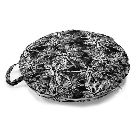 Vintage Palm Round Floor Cushion with Handle, Print of a Jungle Scene Clutter Island Forest Trees in Monochrome, Pillow for Living Room & Dorms, 18" Round, Charcoal Grey and White, by Ambesonne