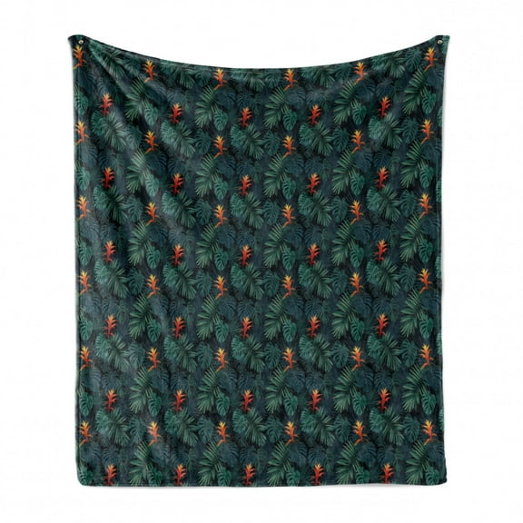Vintage Palm Soft Flannel Fleece Throw Blanket, Dark Tones Pattern of Guzmania Flowers and Leaves Pattern, Cozy Plush for Indoor and Outdoor Use, 50" x 70", Dark Green Multicolor, by Ambesonne