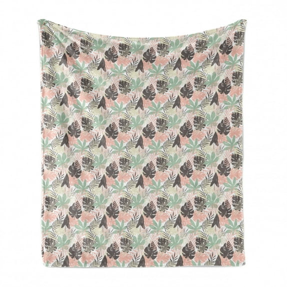 Vintage Palm Soft Flannel Fleece Throw Blanket, Simplistic Sketch of Monstera Leaves and Pinnation Style Motifs, Cozy Plush for Indoor and Outdoor Use, 50" x 60", White and Multicolor, by Ambesonne