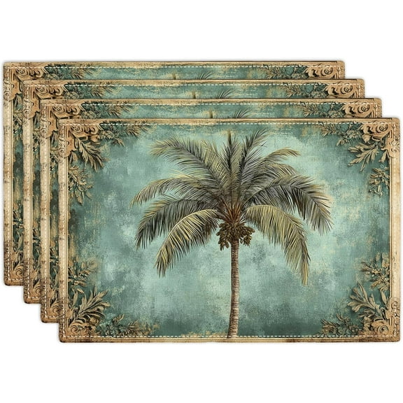 Vintage Palm Tree Placemats Set of 4, Design Table Mats Washable Place Mats for Farmhouse Home Party Kitchen Dining Indoor Outdoor Restaurants 12x18 Inch