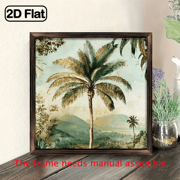 Vintage Palm Tree Sign 8x8 Inch Vintage Reclaimed Wood Palm Tree Wooden Framed Sign 1pc Tropical Inspirational Wall Art Desktop Decor for Home, Office, or Beach House, Decorative Sign