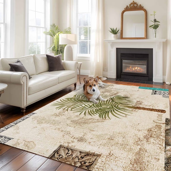 Vintage Palm Trees Area Rug 5x8 FT, Non Slip Bedroom Throw Carpet, Summer Tropical Botanical Beige Burlap Washable Soft Floor Carpet Non-Shedding Rug for Living Room Nursery Dorm Office