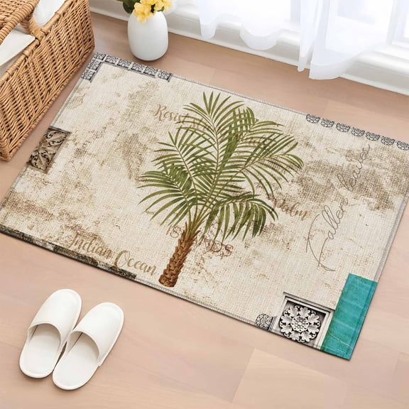 Vintage Palm Trees Bathroom Rug Washable 2x3 Entryway Rug Non Slip Summer Tropical Botanical Beige Burlap Front Door Mat Low Pile Indoor Doormat Throw Floor Carpet for Kitchen Bedroom Entrance