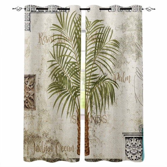 Vintage Palm Trees Blackout Curtains for Bedroom/Living Room, Thermal Insulated Kitchen Curtains, Summer Tropical Botanical Beige Burlap Grommet Darkening Window Treatment Drapes 52"x72"x2