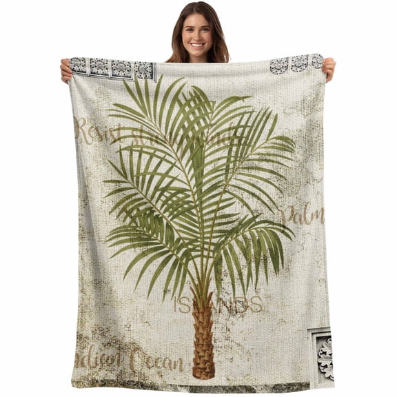 Vintage Palm Trees Blanket Soft Cozy Warm Throw Blanket for Couch, Plush Fuzzy Flannel Fleece Blankets for Sofa, Summer Tropical Botanical Beige Burlap Bed Blankets Lightweight Gifts for Men, 50"x60"