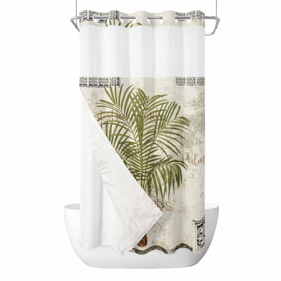 Vintage Palm Trees No Hook Shower Curtain Waterproof,Bathroom Curtains with Snap in Liners and See Through Top Window,Summer Tropical Botanical Beige Burlap Hotel Bathtub Curtains Shower 54"Wx78"L