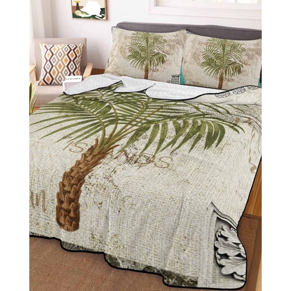 Vintage Palm Trees King Size Down Alternative Comforter,Lightweight Comforter Quilt Bedding Set with Pillow Shams Summer Tropical Botanical Beige Burlap Bed Comforter Duvet Insert 96"x106"