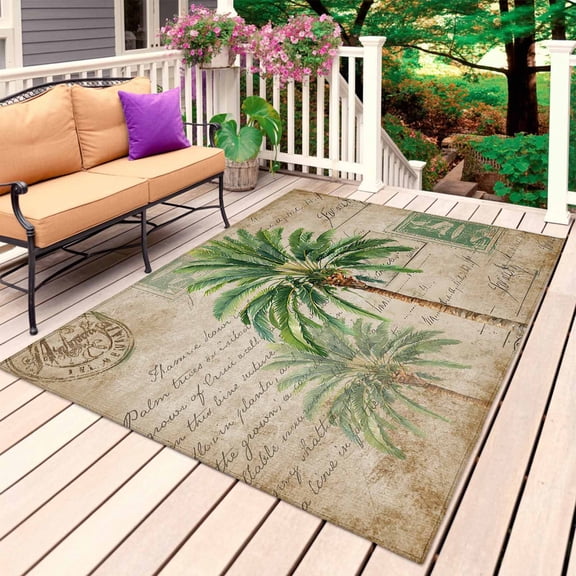 Vintage Palm Trees Outdoor Rug for Patio/Deck/Porch, Non-Slip Large Area Rug 4 x 6 Ft, Green Tree Summer Botanical Retro Ar Indoor Outdoor Rugs Washable Area Rugs, Camping Rug Carpet Runner