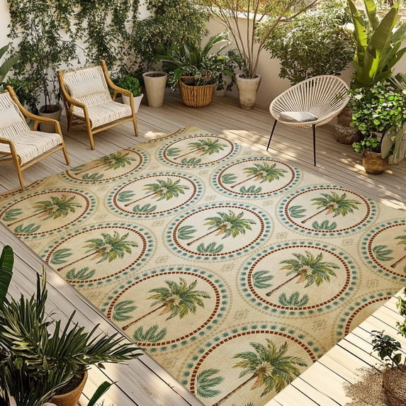 Vintage Palm Trees Outdoor Rug for Patio/Deck/Porch, Non-Slip Large Area Rug 5 x 7 Ft, Summer Botanical Retro Watercolor Indoor Outdoor Rugs Washable Area Rugs, Reversible Camping Rug Carpet Runner