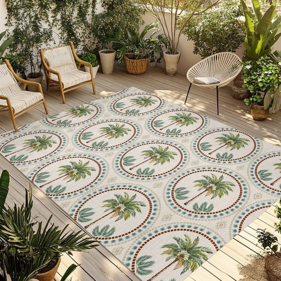 Vintage Palm Trees Outdoor Rug for Patio/Deck/Porch, Non-Slip Large Area Rug 5 x 8 Ft, Summer Botanical Retro Art Indoor Outdoor Rugs Washable Area Rugs, Reversible Camping Rug Carpet Runner