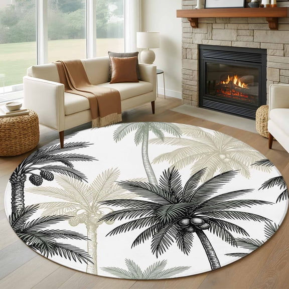 Vintage Palm Trees Round Rug 5Ft Dark Green Tree Tropical Plant Summer Circle Area Rugs Washable Non Slip Indoor Floor Mats Carpet for Living Room Bedroom Dining Room Home Decor