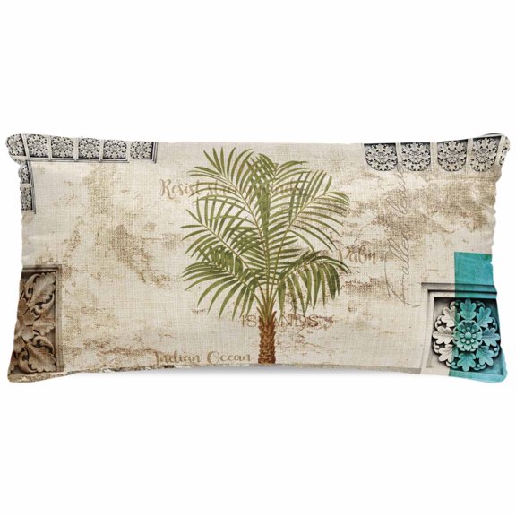 Vintage Palm Trees Satin Pillowcase for Hair with Zipper, Soft Breathable Cooling Silk Pillow Cases, Summer Tropical Botanical Beige Burlap Throw Pillow Covers King Size 20"x40"