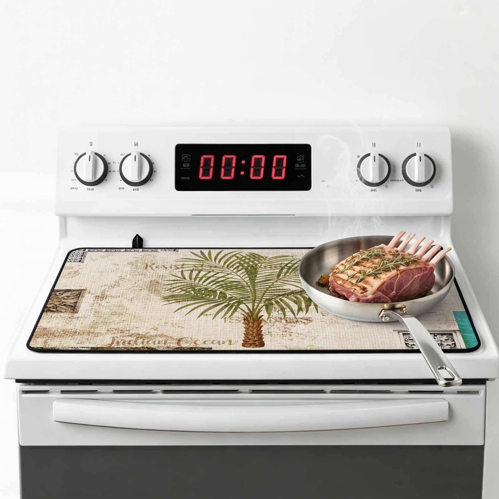 Vintage Palm Trees Stove Top Cover for Electric Stove, Heat-proof & Non Slip Glass Top Stove Cover Protector, Summer Tropical Botanical Beige Burlap Kitchen Flat Cooktop Rubber Mat 24x21 Inches