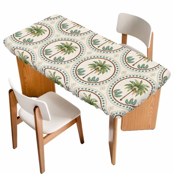Vintage Palm Trees Table Cloths for 3 Foot Rectangle Tables, Summer Botanical Retro Art Patio Waterproof Elastic Fitted Tablecloths, Washable Rectangular Table Cover for Camping