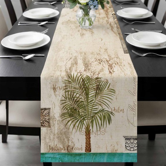 Vintage Palm Trees Table Runner 36 Inches Long, Summer Tropical Botanical Beige Burlap Kitchen Coffee Dining Table Decoration for Home Party Birthday Wedding Home Decor 13x36 Inches