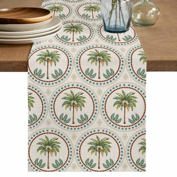 Vintage Palm Trees Table Runner, Summer Botanical Retro Art Washable Cotton Linen Table Runners 36 Inches Long, Dresser Scarf Runner for Nightstand/End Tables/Round Tables 13''x36''