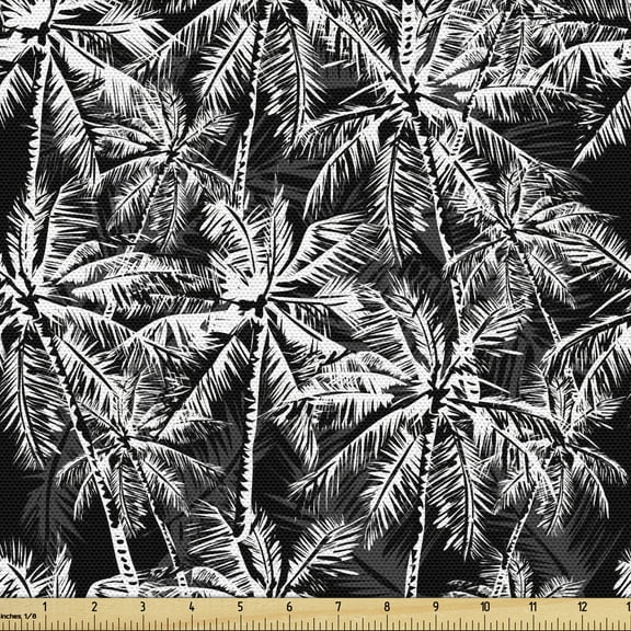 Ambesonne Vintage Palm Fabric by the Yard Upholstery, Jungle Scene Island, 5 Yards, Charcoal Grey and White
