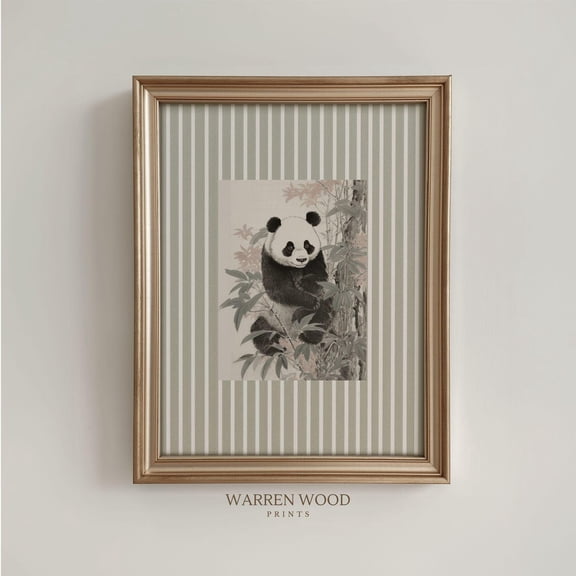 Vintage Panda Wall Art, Neutral Animal Print, Rustic Bamboo Illustration, Climbing Panda Decor, Panda Nursery Art, Grey Striped Background Home Decor #1565, Unframed Poster Size 8x12