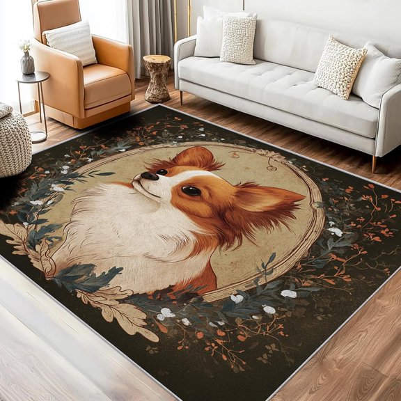 Vintage Papillon Dog Area Rugs, Cute Puppy Pattern Carpet, Washable Non Slip Low Pile Soft Rug for Living Room Bedroom Decor Mat 2x3ft
