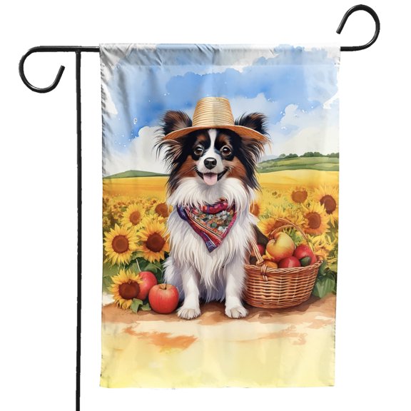 Vintage Papillon Says Hello Mother's Day Summer Sunflower Field Garden Flag 12x18in Double Sided Pap Butterfly Dog Lover Outdoor Decor - 12005