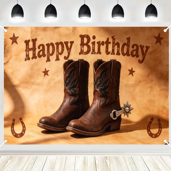Vintage Parchment Cowboy Boot Horseshoe Spur Happy Birthday Backdrop, Western Country Themed Birthday Photography Background Banner Decor 3x5ft