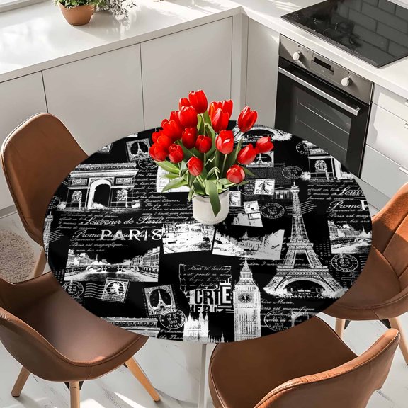 Vintage Paris Architectural Black Round Fitted Tablecloth with Elastic Edge,Waterproof Table Cloth Fits Tables Up to 36"-44",Wipeable Washable Table Cover for Dinning Party,Modern Abstract Style