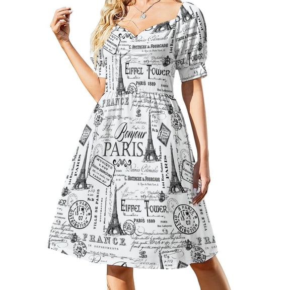 Vintage Paris Black And White Nostalgic Pattern Sleeveless Dress summer dress korean women Dress women evening