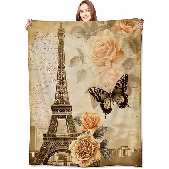 Vintage Paris Blanket Eiffel Tower, Rose, and Butterfly Retro Throw Blankets,Birthday Gifts for Girls Women,Lightweight Soft Fleece Cozy for Sofa Couch Bed Room Travel Decor 50x60in