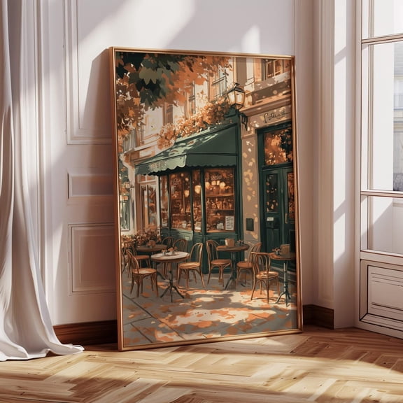 Vintage Paris Café Wall Art Autumn Street Bistro Scene With Tables And Chairs French Coffee Shop Print For Kitchen Decor UNFRAMED