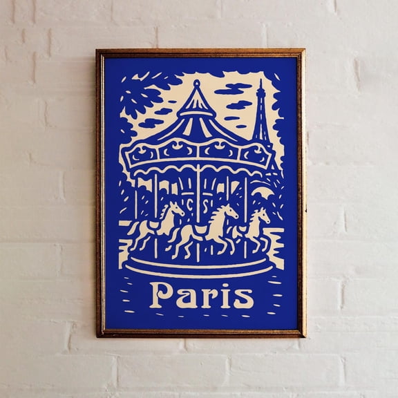 Vintage Paris Carousel Blue Beige Eiffel Tower Unframed Paper Print