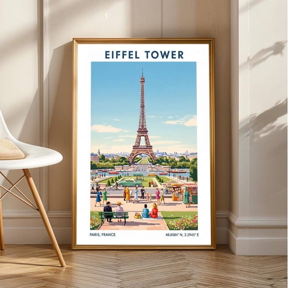 Vintage Paris Eiffel Tower Print: Retro Travel Illustration 8x12 UNFRAMED
