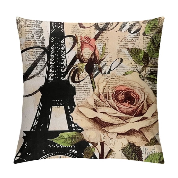 Vintage Paris Eiffel Tower with Rose Flowers Decorative Throw Pillow Cover Inch Linen Pillow Case Cushion Cover for Sofa Bed Pillowcase (Paris Flower)
